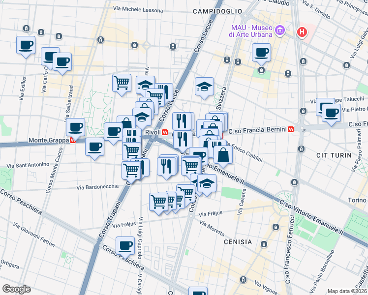 map of restaurants, bars, coffee shops, grocery stores, and more near 216 Corso Vittorio Emanuele II in Torino