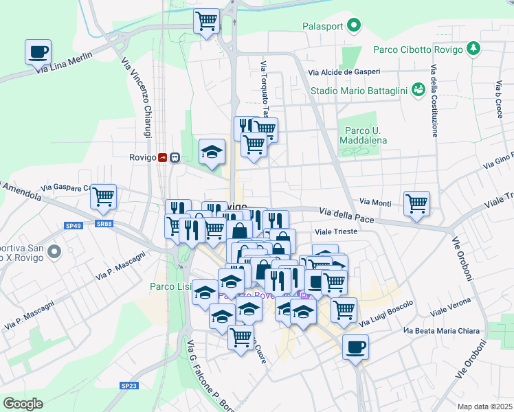 map of restaurants, bars, coffee shops, grocery stores, and more near 3 Viale della Pace in Rovigo
