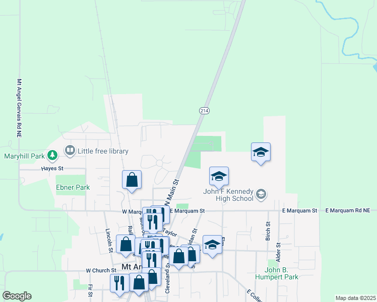 map of restaurants, bars, coffee shops, grocery stores, and more near Hillsboro-Silverton Highway in Mount Angel