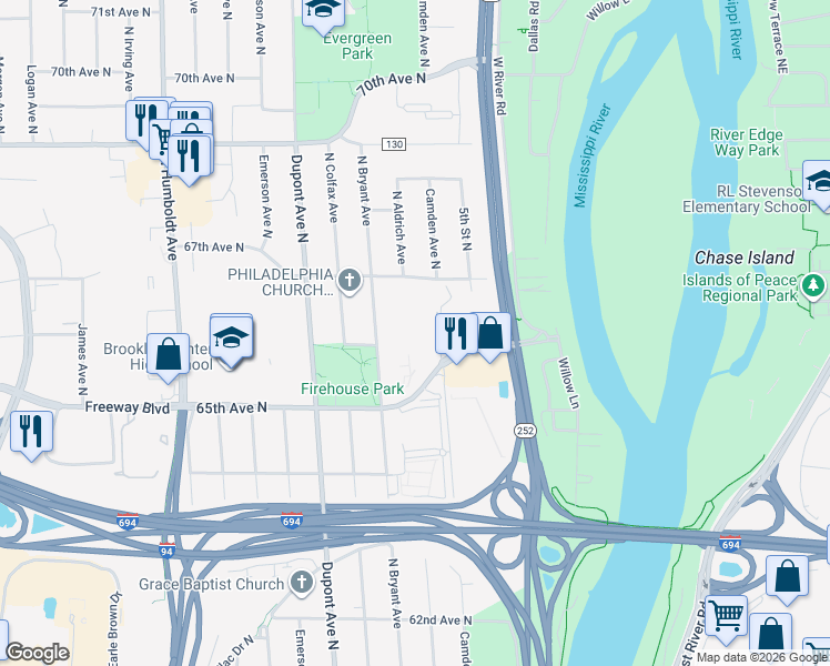 map of restaurants, bars, coffee shops, grocery stores, and more near 700 66th Avenue North in Minneapolis