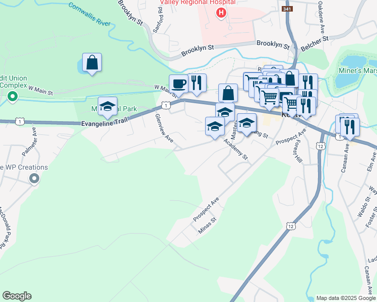 map of restaurants, bars, coffee shops, grocery stores, and more near 106 School Street in Kentville