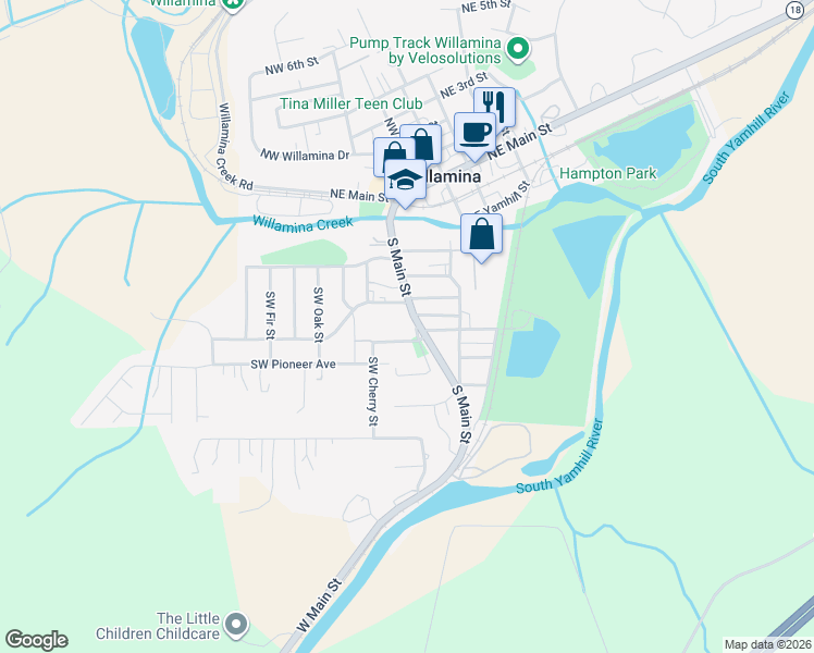 map of restaurants, bars, coffee shops, grocery stores, and more near 551 Southwest Branson Street in Willamina