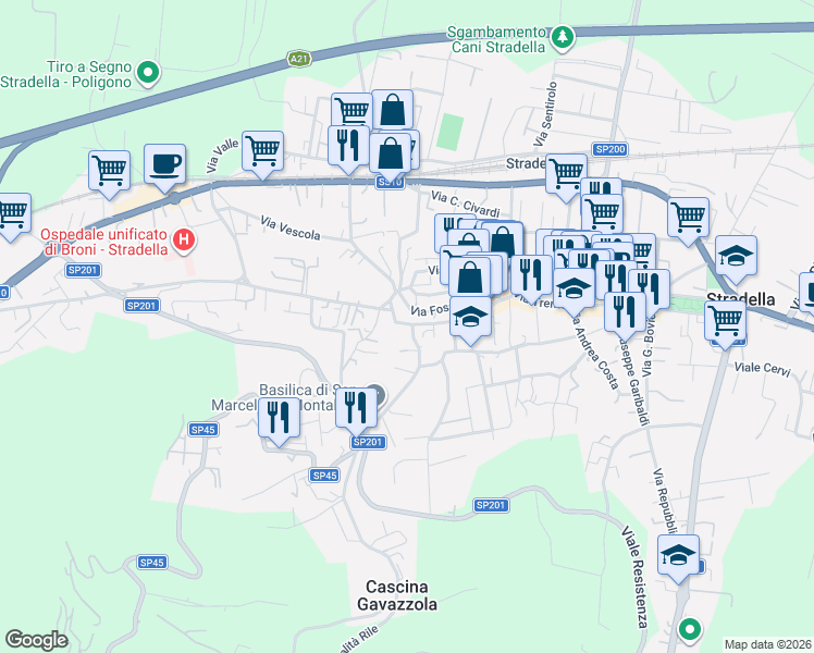 map of restaurants, bars, coffee shops, grocery stores, and more near 51 Via Montebello in Stradella
