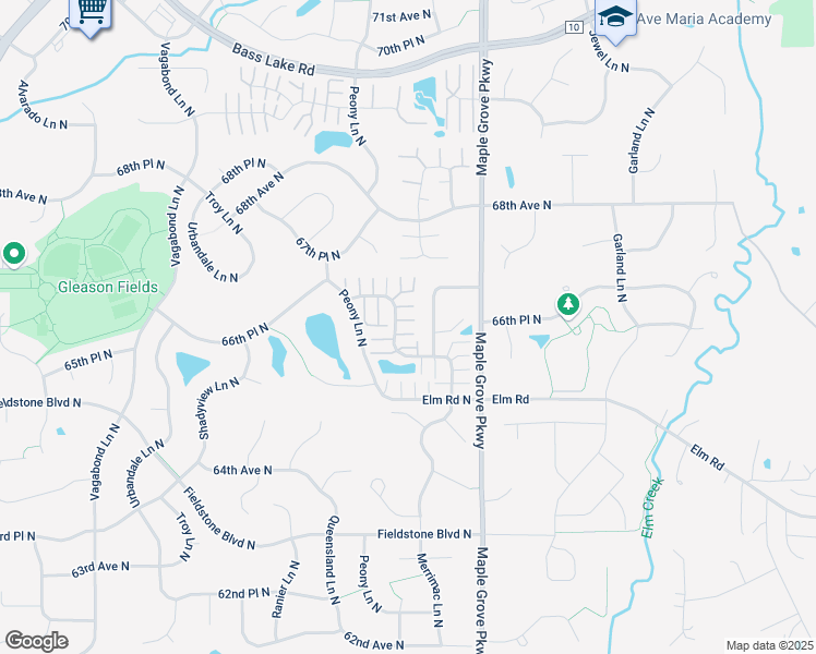 map of restaurants, bars, coffee shops, grocery stores, and more near 6590 Olive Lane North in Maple Grove
