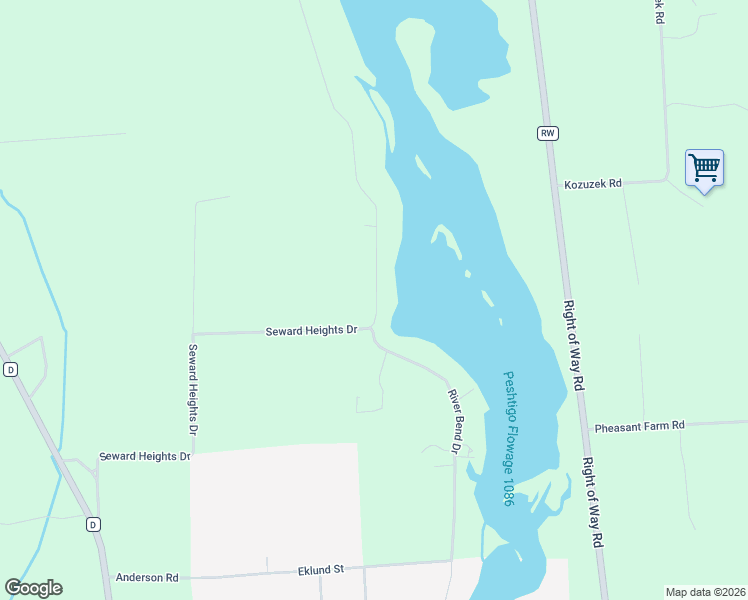 map of restaurants, bars, coffee shops, grocery stores, and more near 3225 River Bend Drive in Peshtigo