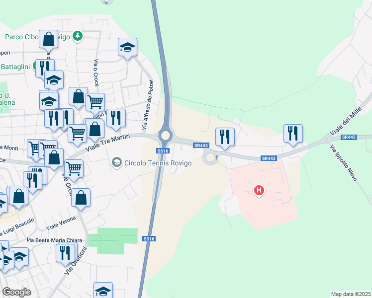 map of restaurants, bars, coffee shops, grocery stores, and more near 68 Viale Tre Martiri in Rovigo