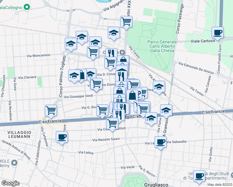 map of restaurants, bars, coffee shops, grocery stores, and more near 8 Via Giuseppe Verdi in Collegno