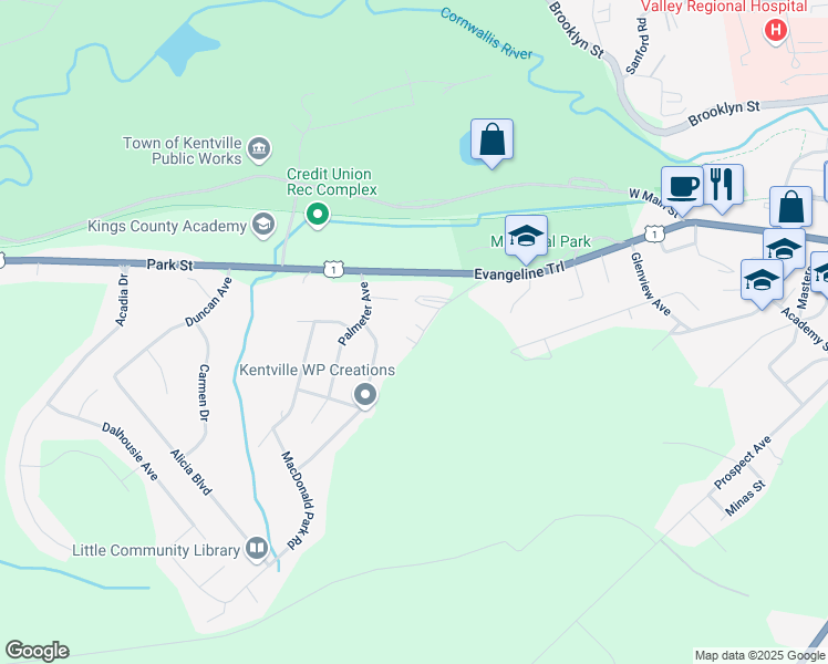 map of restaurants, bars, coffee shops, grocery stores, and more near 6 Kadray Court in Kentville