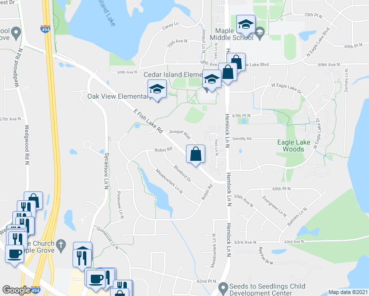 map of restaurants, bars, coffee shops, grocery stores, and more near 6610 East Fish Lake Road in Maple Grove