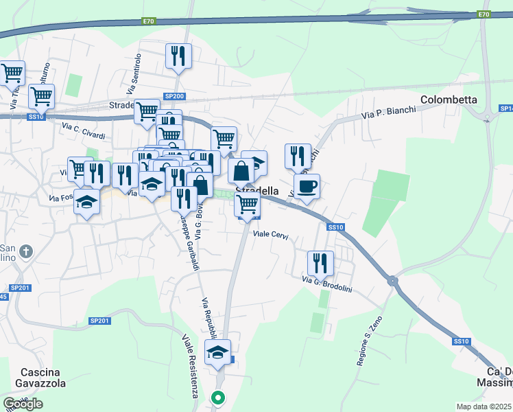 map of restaurants, bars, coffee shops, grocery stores, and more near 12 Via Giuseppe di Vittorio in Stradella
