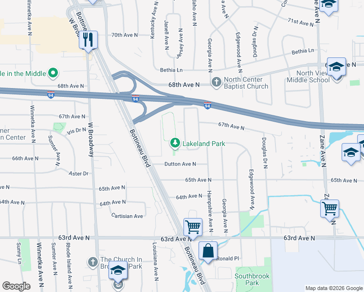 map of restaurants, bars, coffee shops, grocery stores, and more near 6600 Jersey Avenue North in Minneapolis