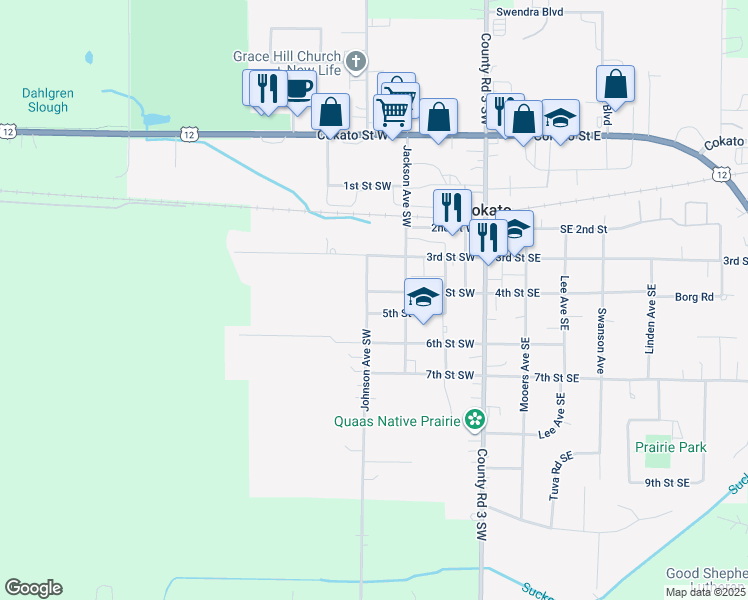 map of restaurants, bars, coffee shops, grocery stores, and more near 450 Johnson Avenue Southwest in Cokato