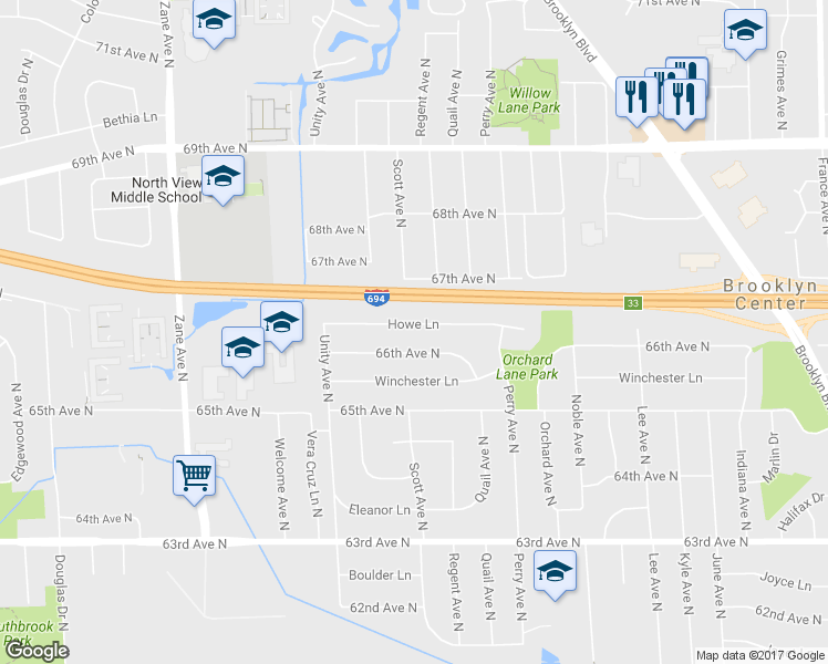 map of restaurants, bars, coffee shops, grocery stores, and more near 5125 Howe Lane in Brooklyn Center