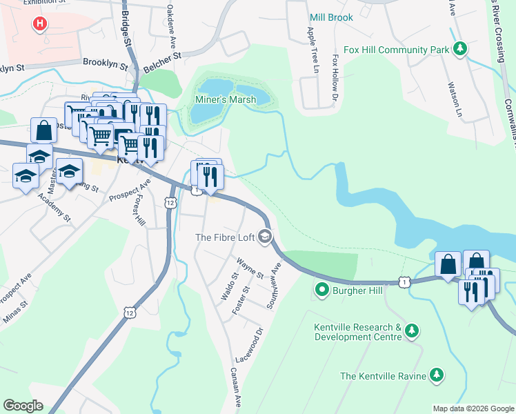 map of restaurants, bars, coffee shops, grocery stores, and more near 201 Main Street in Kentville