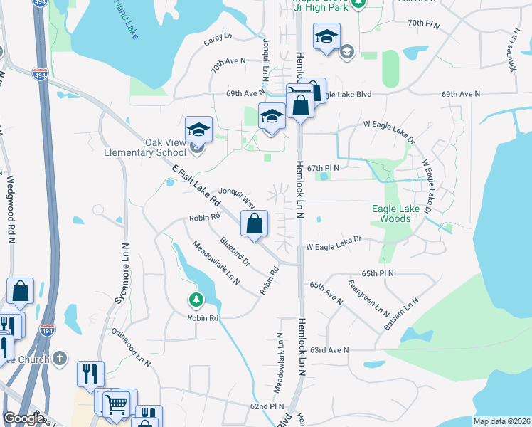 map of restaurants, bars, coffee shops, grocery stores, and more near 6608 Jonquil Way in Maple Grove