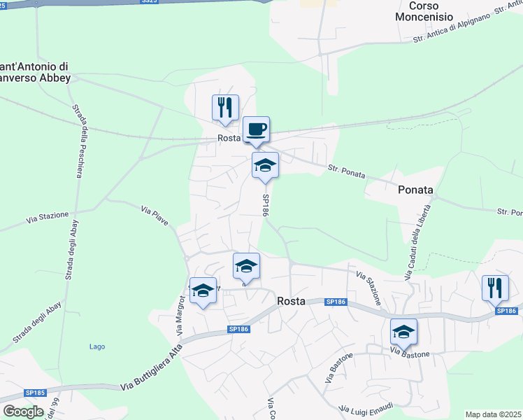 map of restaurants, bars, coffee shops, grocery stores, and more near 57 Via Stazione in Rosta