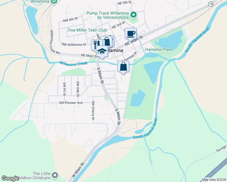 map of restaurants, bars, coffee shops, grocery stores, and more near 253 Southeast Polk Street in Willamina