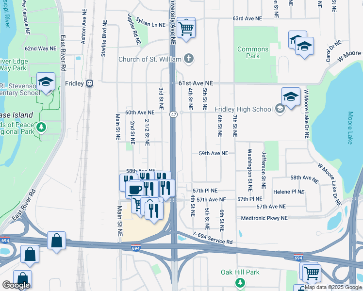 map of restaurants, bars, coffee shops, grocery stores, and more near 5905 University Avenue Northeast in Fridley