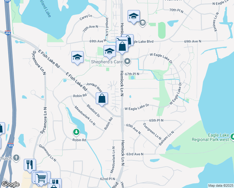map of restaurants, bars, coffee shops, grocery stores, and more near 6612 Ives Lane North in Maple Grove