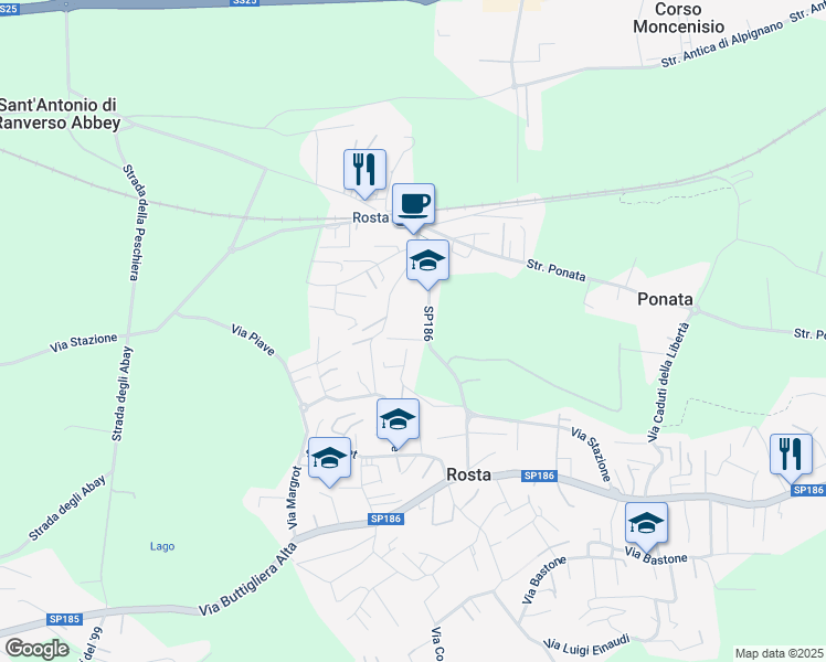 map of restaurants, bars, coffee shops, grocery stores, and more near 57 Via Stazione in Rosta