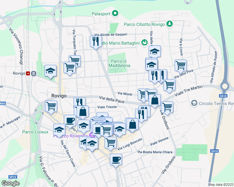 map of restaurants, bars, coffee shops, grocery stores, and more near 2 Via Monti in Rovigo