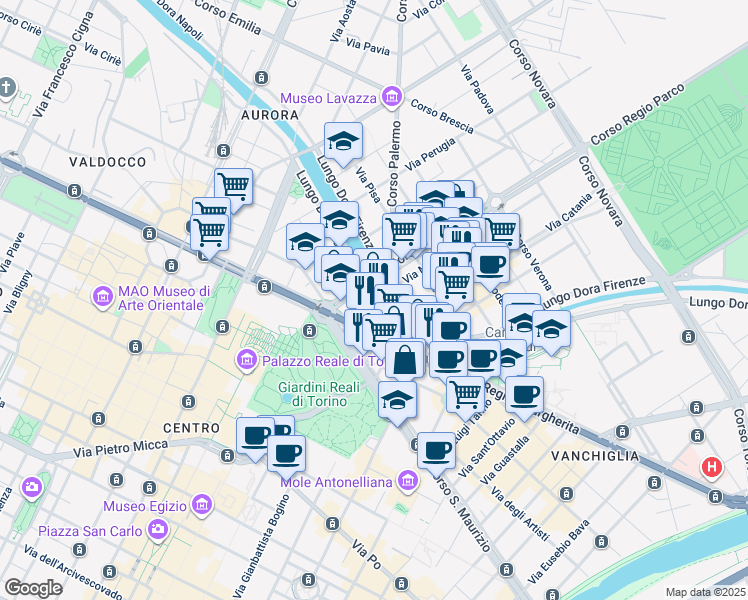 map of restaurants, bars, coffee shops, grocery stores, and more near 8 Lungo Dora Siena in Turin