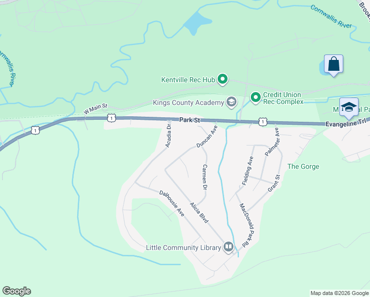 map of restaurants, bars, coffee shops, grocery stores, and more near 43 Duncan Avenue in Kentville