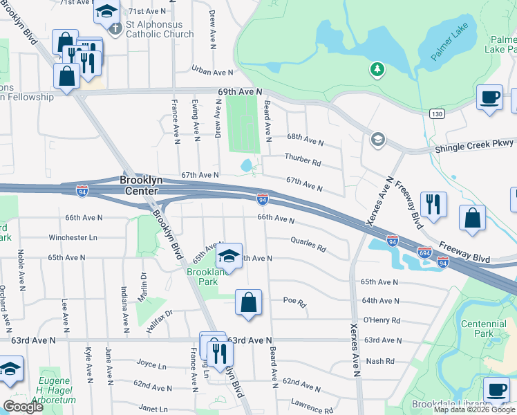 map of restaurants, bars, coffee shops, grocery stores, and more near 6607 Beard Avenue North in Minneapolis