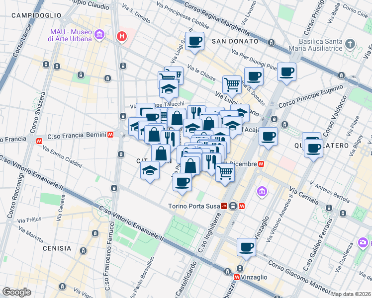 map of restaurants, bars, coffee shops, grocery stores, and more near 23 Via Vassalli Eandi in Torino