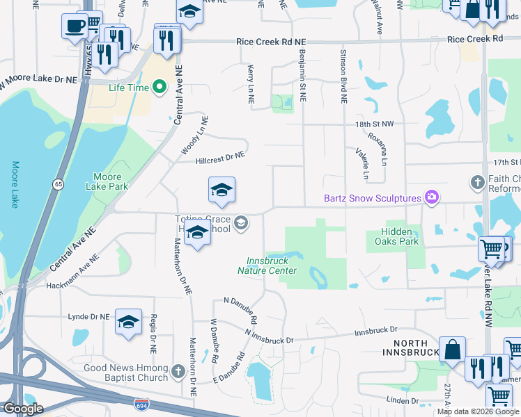 map of restaurants, bars, coffee shops, grocery stores, and more near 1495 Gardena Avenue Northeast in Fridley