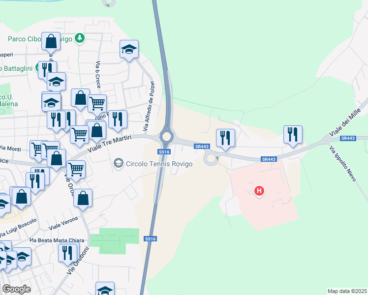 map of restaurants, bars, coffee shops, grocery stores, and more near 68 Viale Tre Martiri in Rovigo