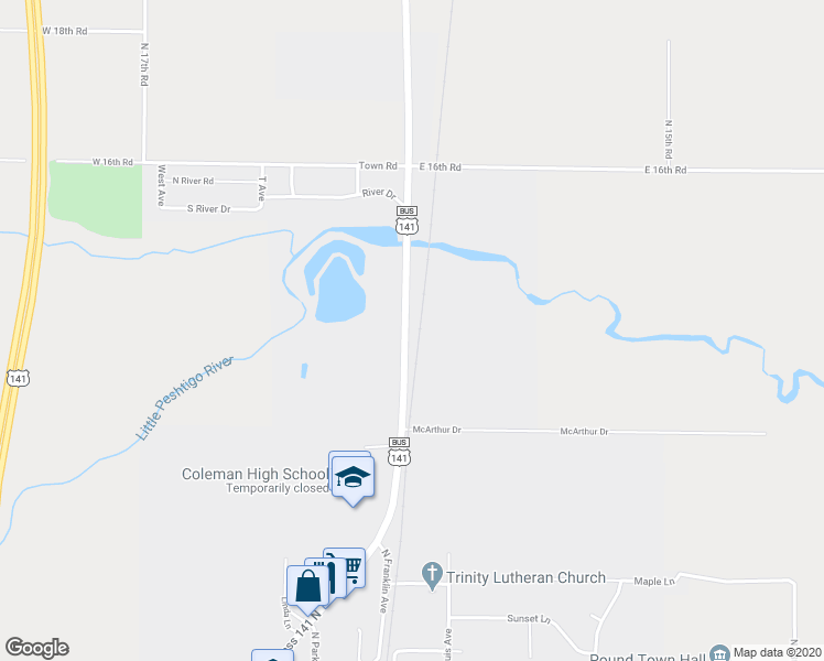 map of restaurants, bars, coffee shops, grocery stores, and more near 632 Business 141 North in Coleman