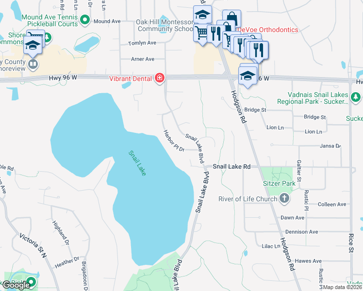 map of restaurants, bars, coffee shops, grocery stores, and more near 4434 Harbor Place Drive in Shoreview