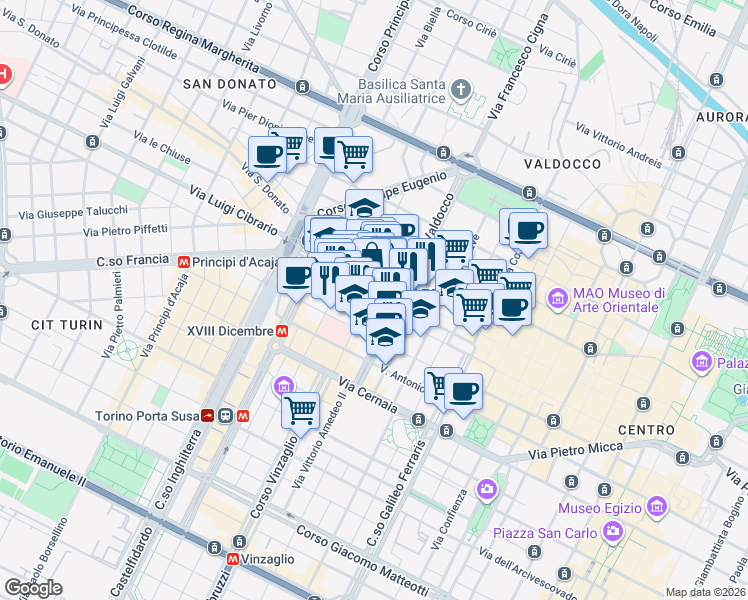 map of restaurants, bars, coffee shops, grocery stores, and more near 3 Via Alessandro Manzoni in Torino