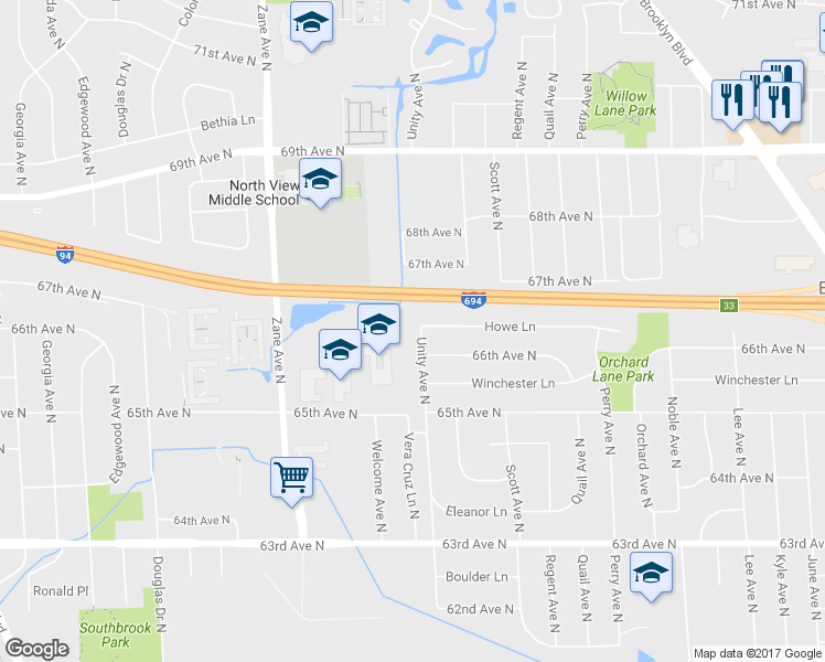map of restaurants, bars, coffee shops, grocery stores, and more near 6613 Unity Avenue North in Minneapolis