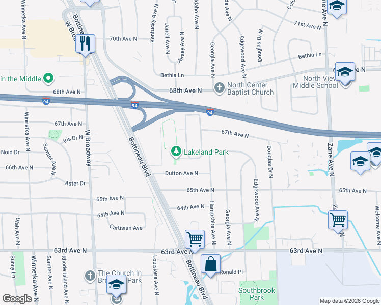 map of restaurants, bars, coffee shops, grocery stores, and more near 6600 Jersey Ave N in Minneapolis