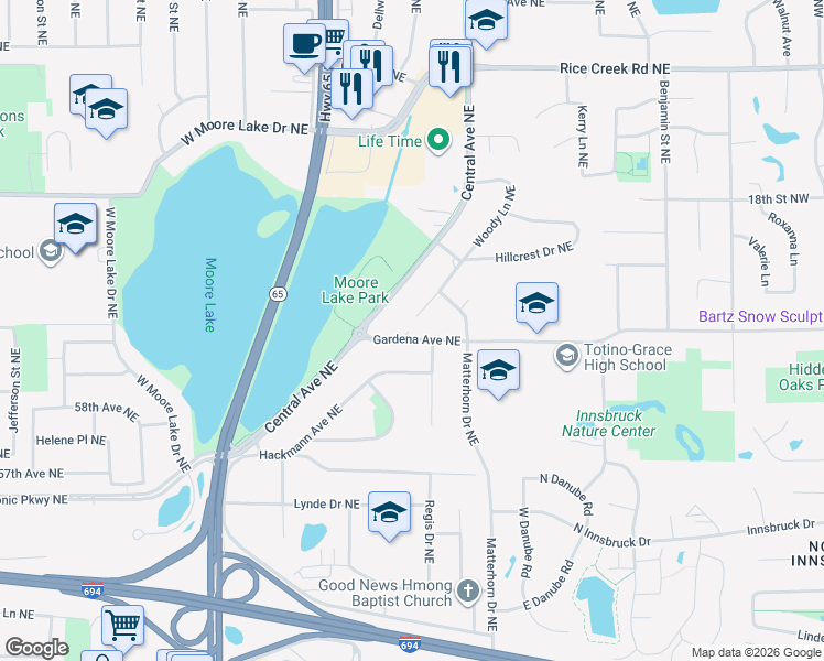 map of restaurants, bars, coffee shops, grocery stores, and more near 1207 Gardena Avenue Northeast in Fridley