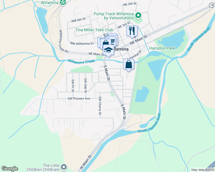 map of restaurants, bars, coffee shops, grocery stores, and more near 551 Southwest Branson Street in Willamina