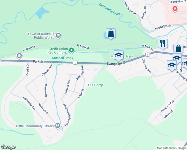 map of restaurants, bars, coffee shops, grocery stores, and more near Kadray Court in Kentville