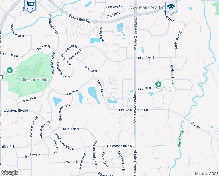 map of restaurants, bars, coffee shops, grocery stores, and more near 6590 Olive Lane North in Maple Grove