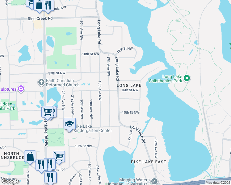 map of restaurants, bars, coffee shops, grocery stores, and more near 1575 Long Lake Road in New Brighton