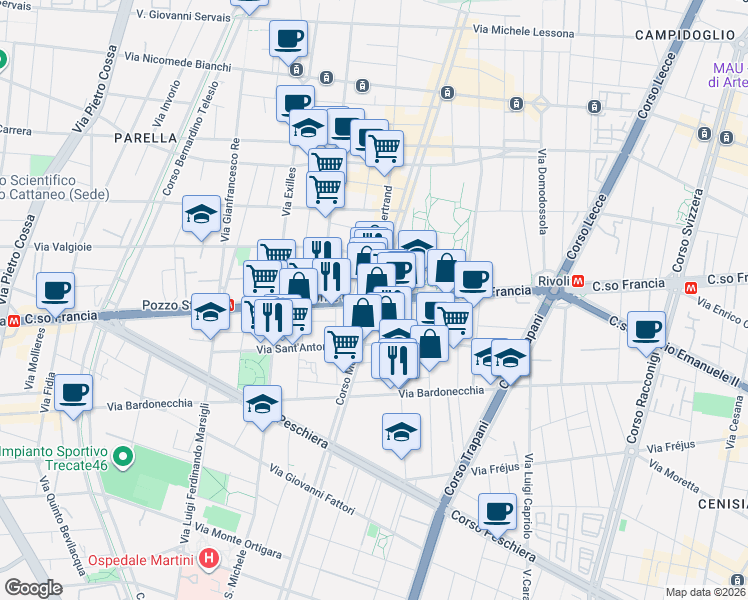 map of restaurants, bars, coffee shops, grocery stores, and more near 8 Corso Monte Cucco in Torino