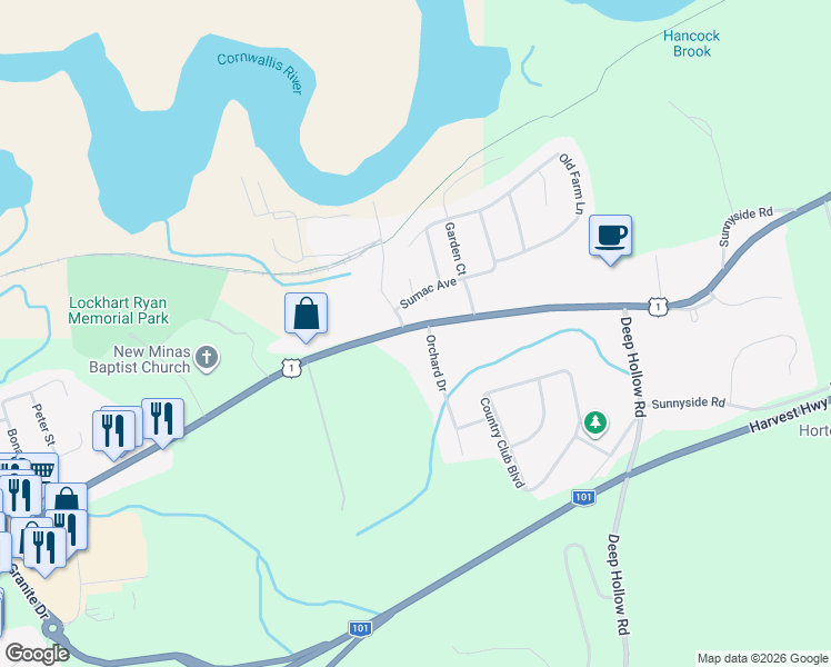 map of restaurants, bars, coffee shops, grocery stores, and more near 9584 Commercial Street in New Minas