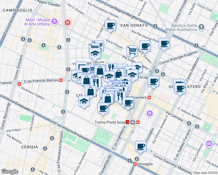 map of restaurants, bars, coffee shops, grocery stores, and more near 23 Via Abate Vassalli - Eandi in Torino