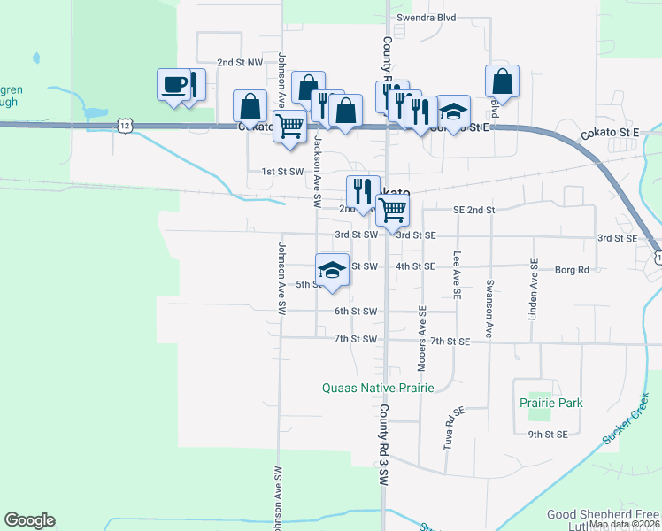 map of restaurants, bars, coffee shops, grocery stores, and more near 4th Street Southwest in Cokato