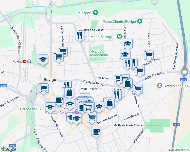map of restaurants, bars, coffee shops, grocery stores, and more near 2 Via Monti Issicratea in Rovigo