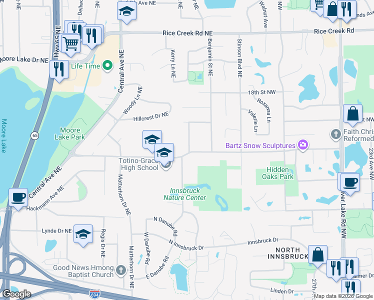 map of restaurants, bars, coffee shops, grocery stores, and more near 1495 Gardena Avenue Northeast in Fridley