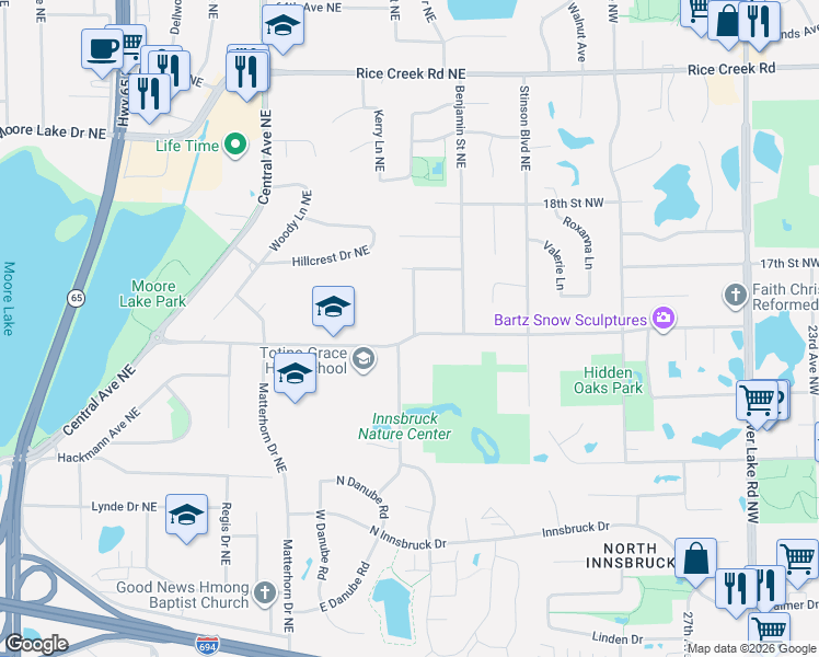 map of restaurants, bars, coffee shops, grocery stores, and more near 1495 Gardena Avenue Northeast in Fridley