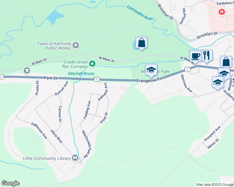 map of restaurants, bars, coffee shops, grocery stores, and more near 16 Kadray Court in Kentville