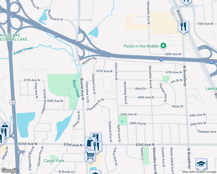 map of restaurants, bars, coffee shops, grocery stores, and more near 6601 Xylon Avenue North in Brooklyn Park